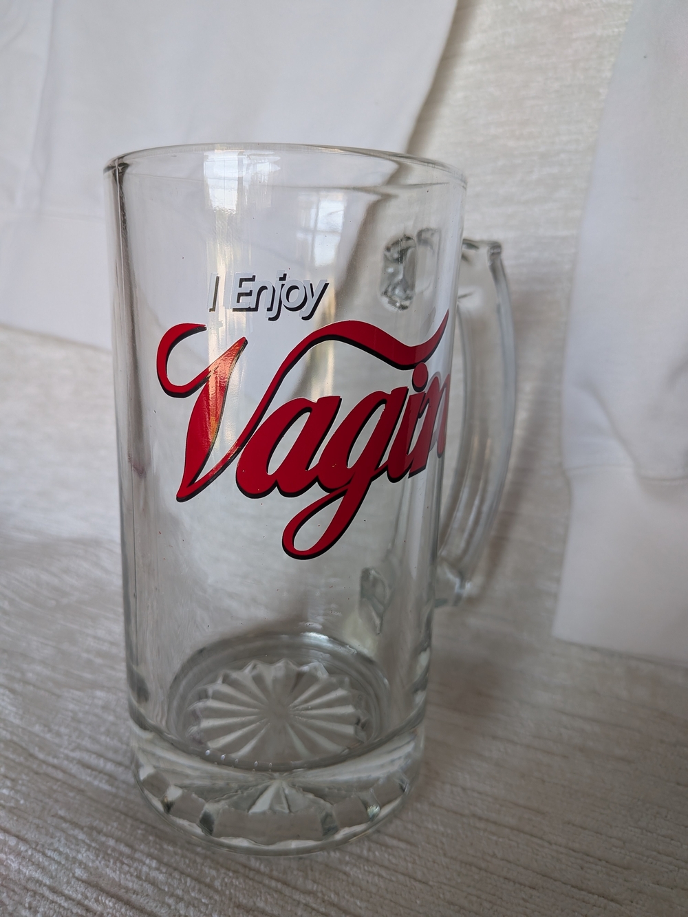 Clear Glass Beer Mug with Red Script Writing Gag Gift Theme Heavy Item 28 Oz